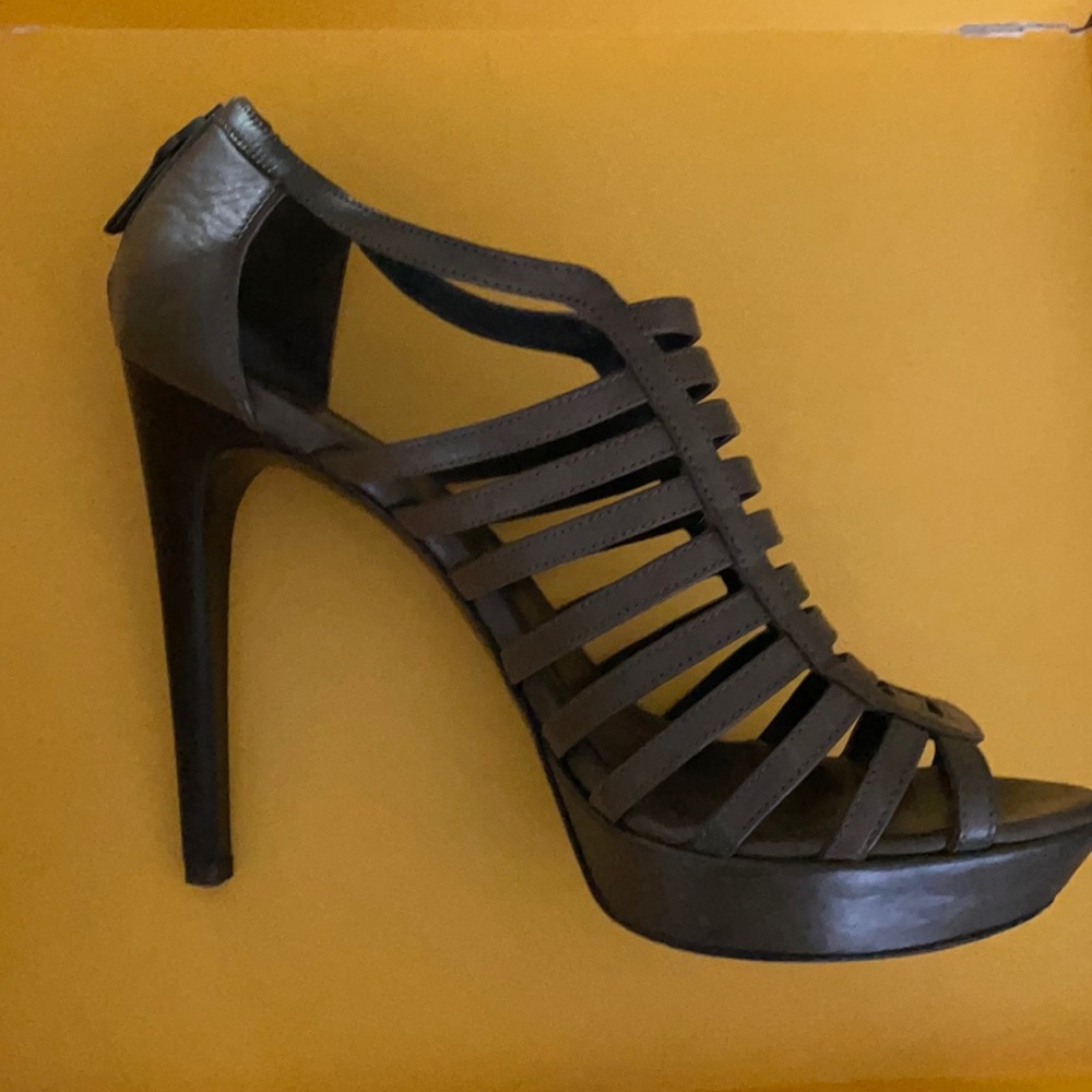 FENDI Brown Grey Strappy Heel Platform Sandals